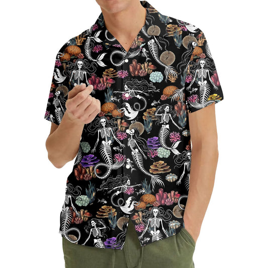 Halloween mermaid skeleton hawaiian shirt with dark aquatic print, main view