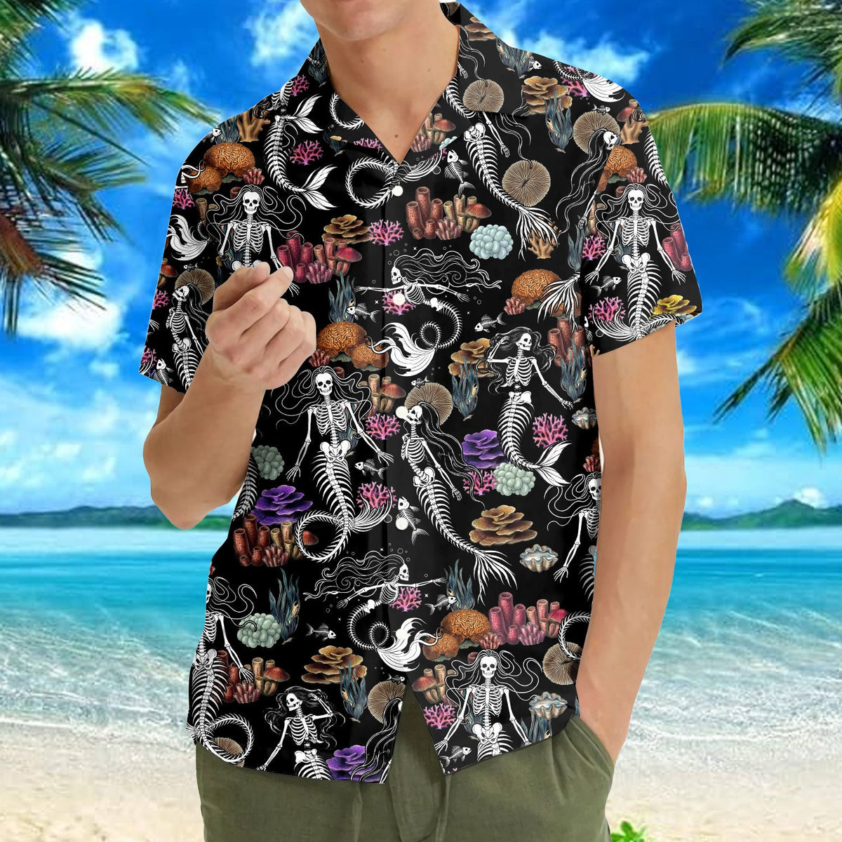 Halloween mermaid skeleton hawaiian shirt being worn outdoors