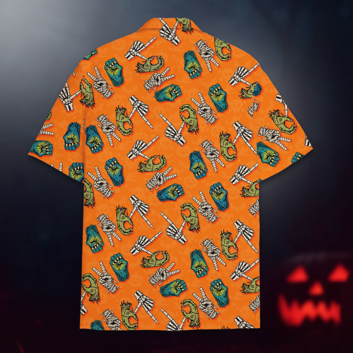 Close up back view of the orange Hawaiian shirt