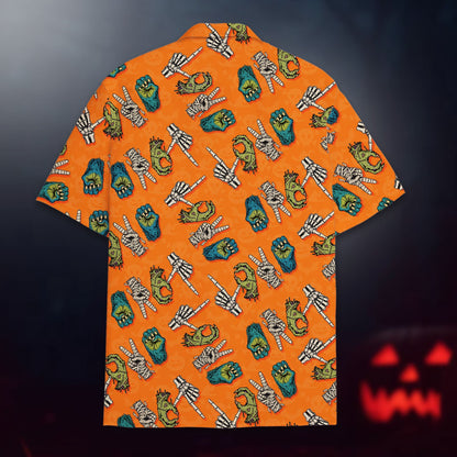Close up back view of the orange Hawaiian shirt
