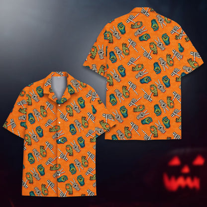 Close up front view of the monster hands pattern on the Hawaiian shirt