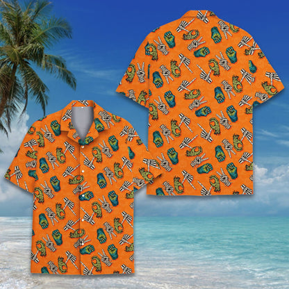 Detailed front view of the Halloween holiday Hawaiian shirt