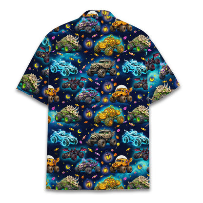 Back view of the halloween monster trucks hawaiian shirt