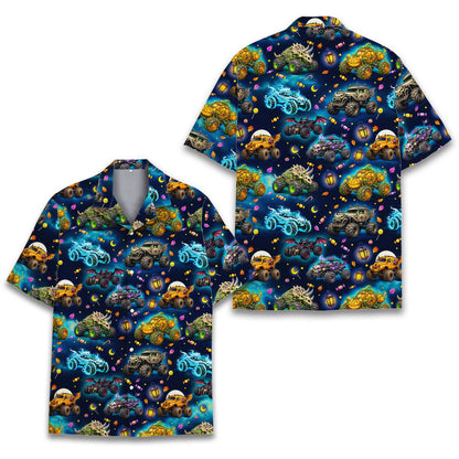 Close up front view of the halloween monster hawaiian shirt