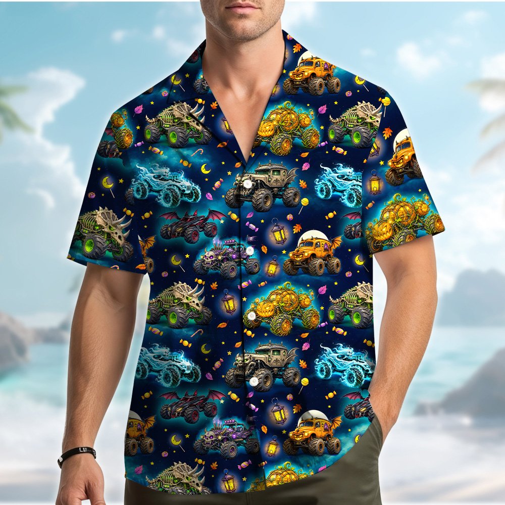 Front detail of the halloween monster trucks hawaiian shirt
