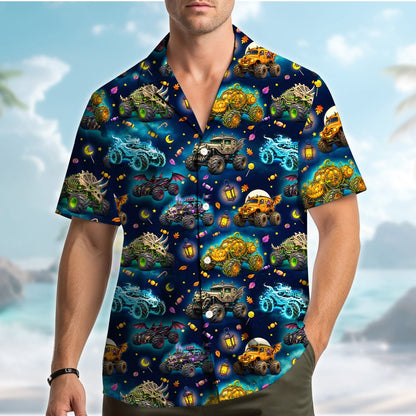 Front detail of the halloween monster trucks hawaiian shirt