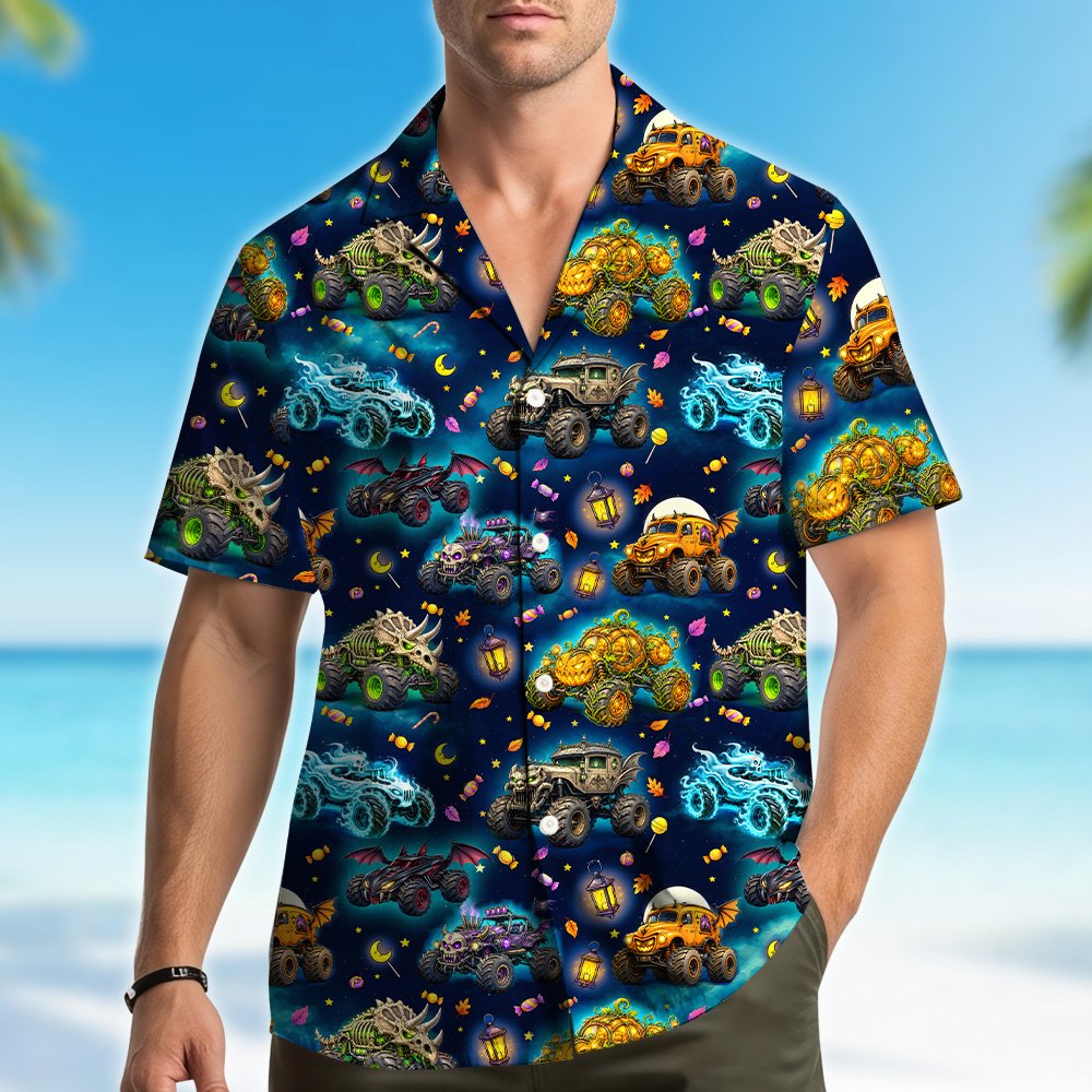 People wearing the halloween hawaiian shirt in a lifestyle setting