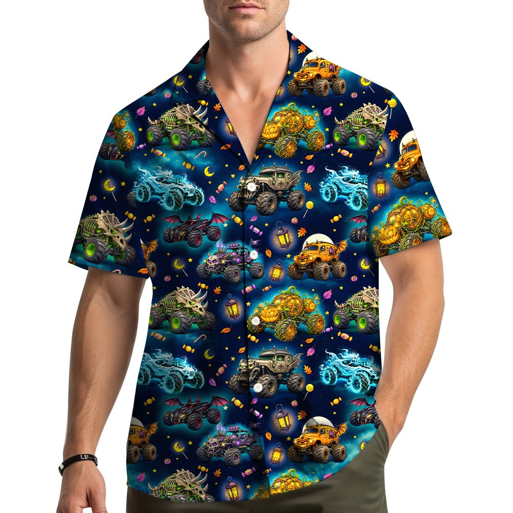Family wearing the matching family hawaiian shirts outdoors