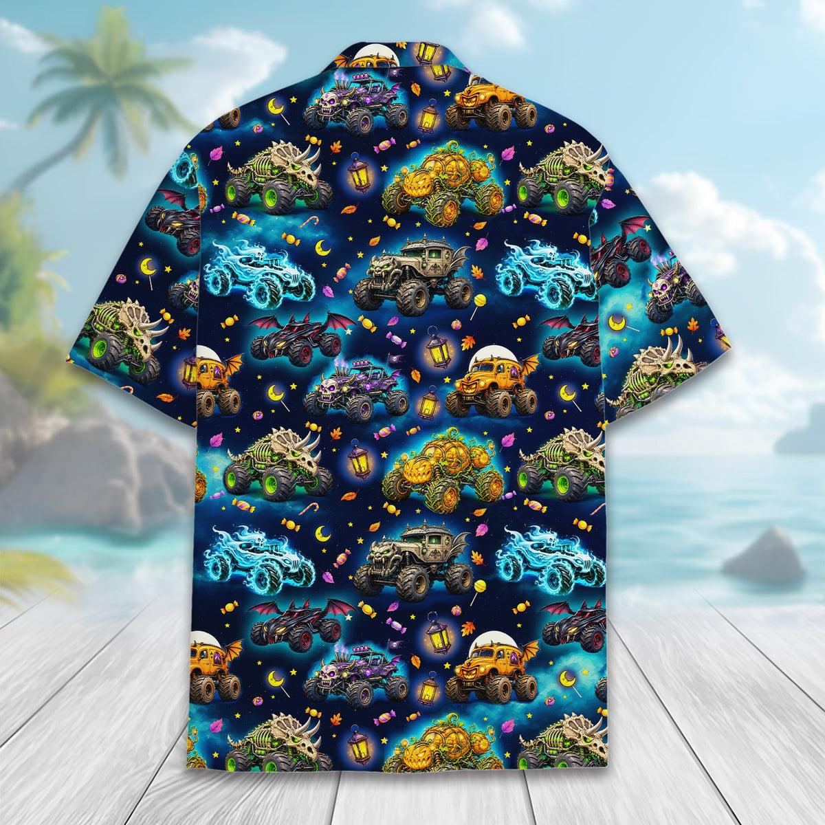 Collar and button detail of the matching hawaiian shirt