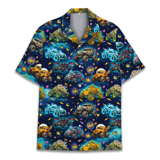 Front view of Halloween monster trucks hawaiian shirt featuring pumpkins and bats on a navy background
