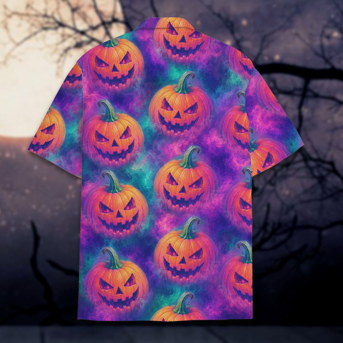 Back angle of the vibrant purple and teal halloween hawaiian shirt