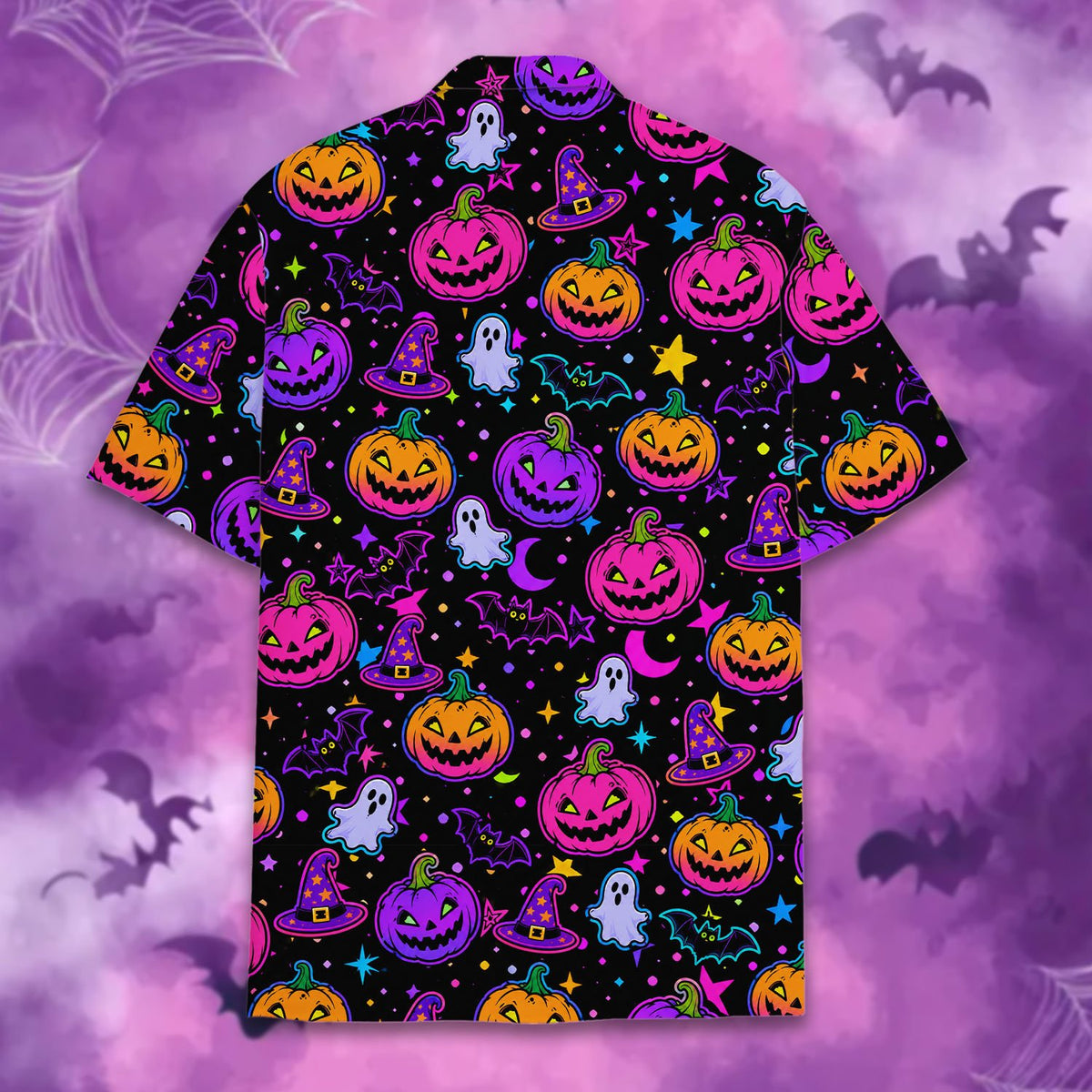 Additional back view of the black and neon Halloween hawaiian shirt