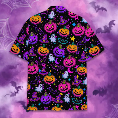 Additional back view of the black and neon Halloween hawaiian shirt