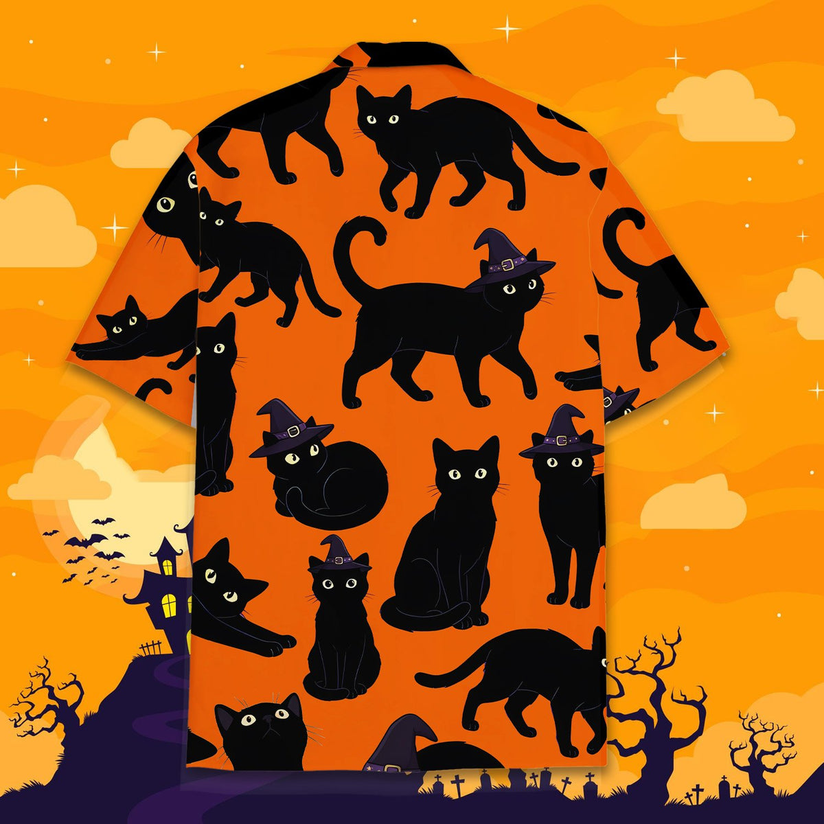 Second back view of the matching family halloween hawaiian shirt with black cats on an orange background