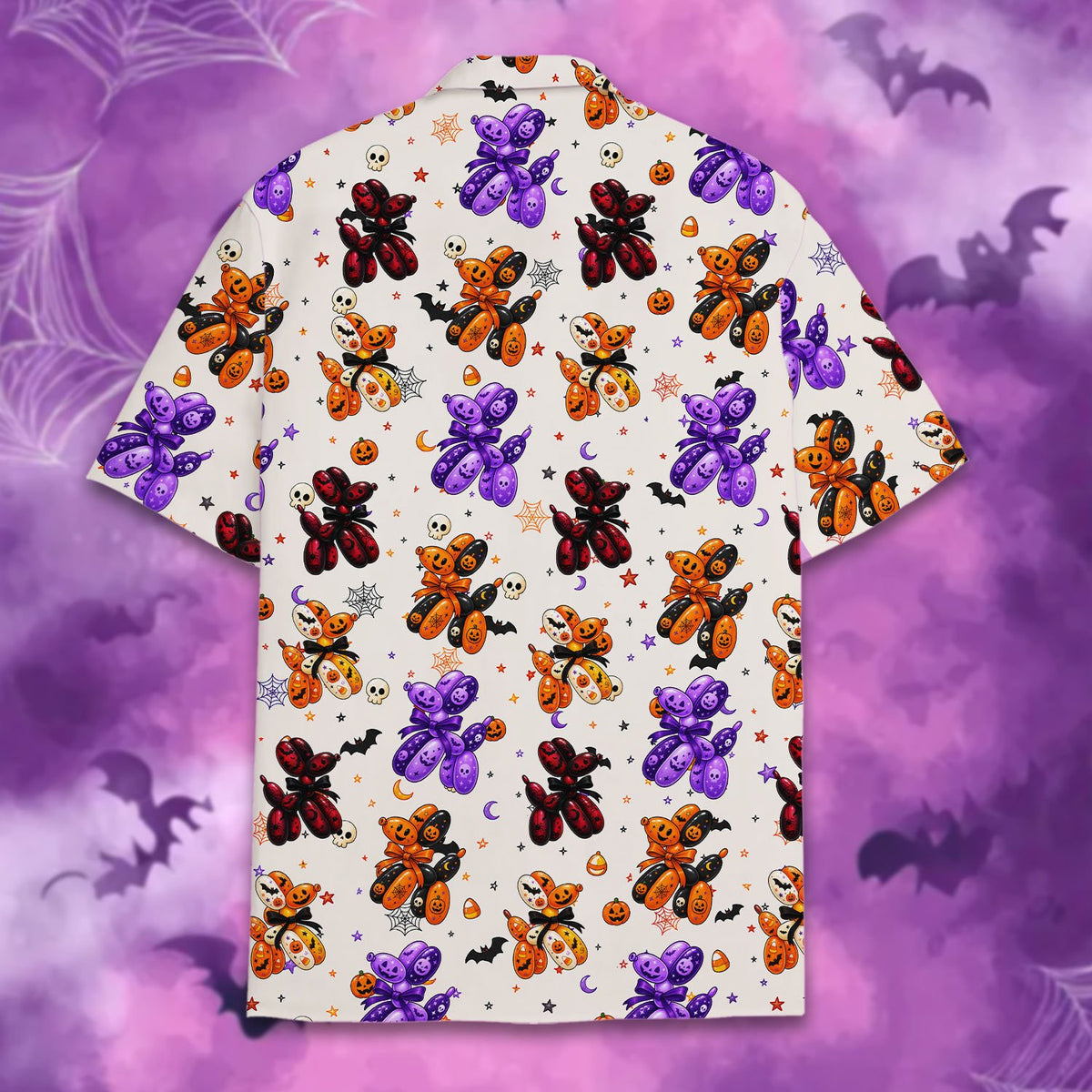Halloween hawaiian shirt featuring balloon animals, back view alternate