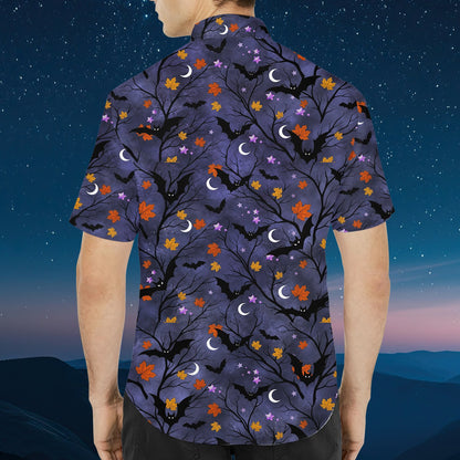 Matching family halloween hawaiian shirt featuring bats, moons, and bare trees on a purple background, back view alternate