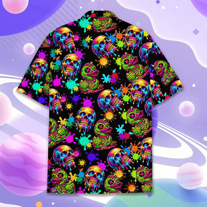 Alternative back view of the black hawaiian shirt with melting neon skulls