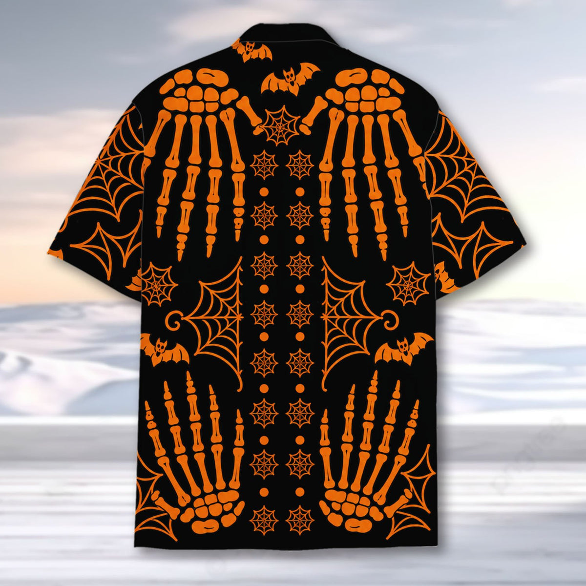 Back view highlighting the vibrant orange prints on the black fabric