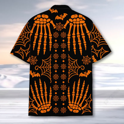 Back view highlighting the vibrant orange prints on the black fabric