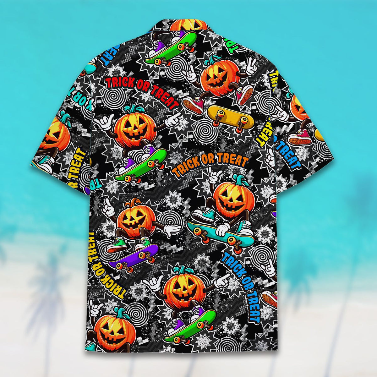 Detailed back view of the halloween hawaiian shirt showing the trick or treat text