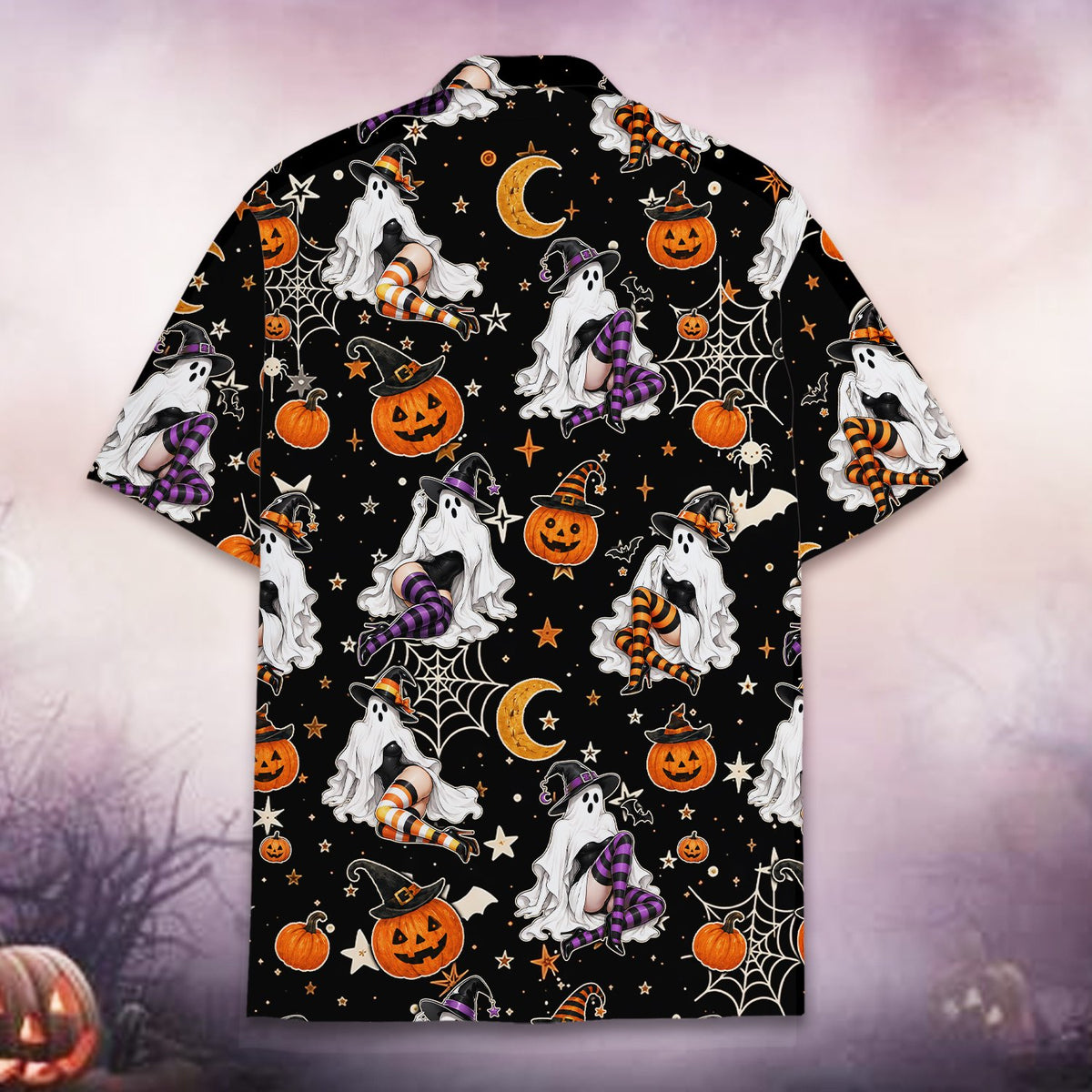 Halloween hawaiian shirt with ghost and pumpkin pattern, back view 2