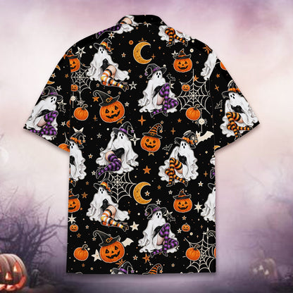 Halloween hawaiian shirt with ghost and pumpkin pattern, back view 2