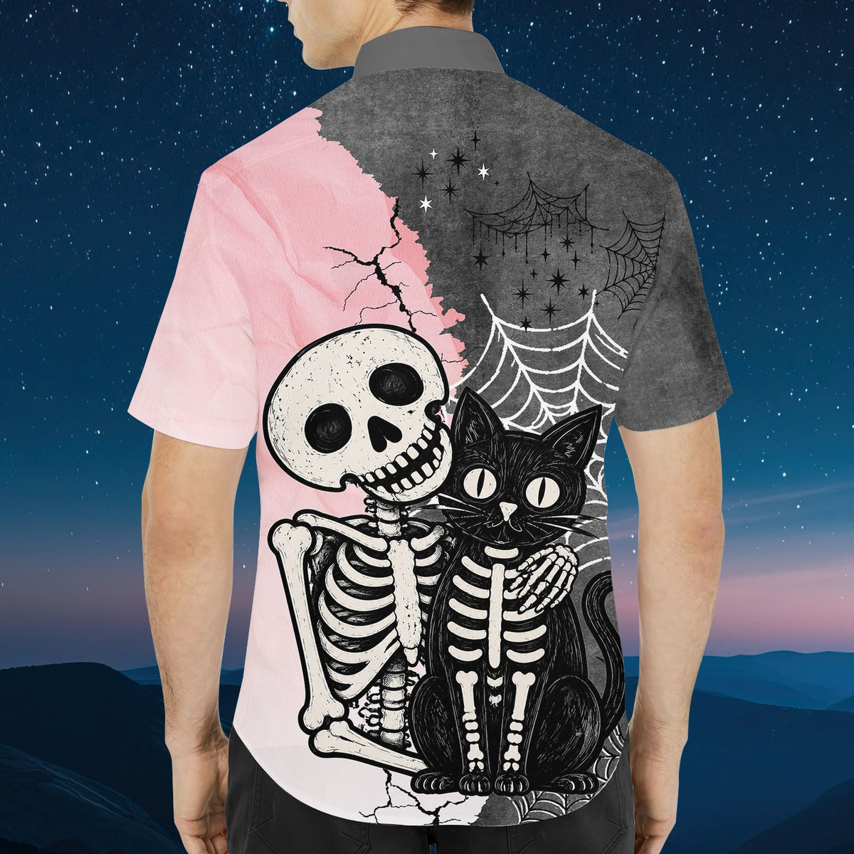 Detailed back view of the matching family halloween hawaiian shirt
