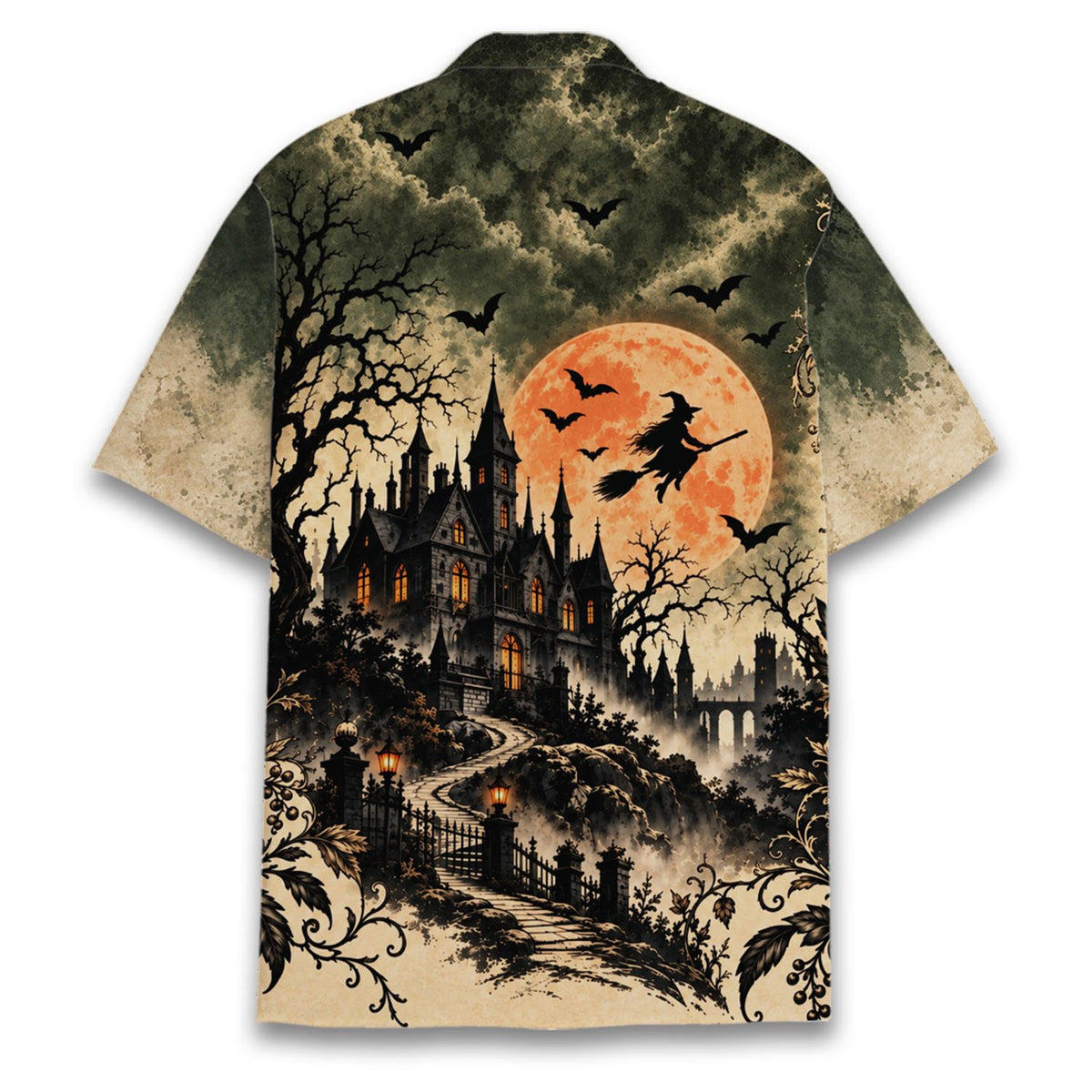 Back view showcasing the large glowing moon and gothic castle graphic