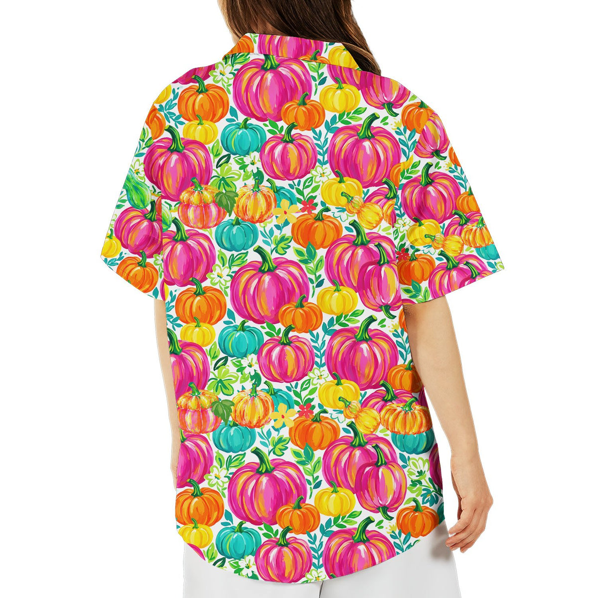 Back view of the bright pumpkin Halloween hawaiian shirt