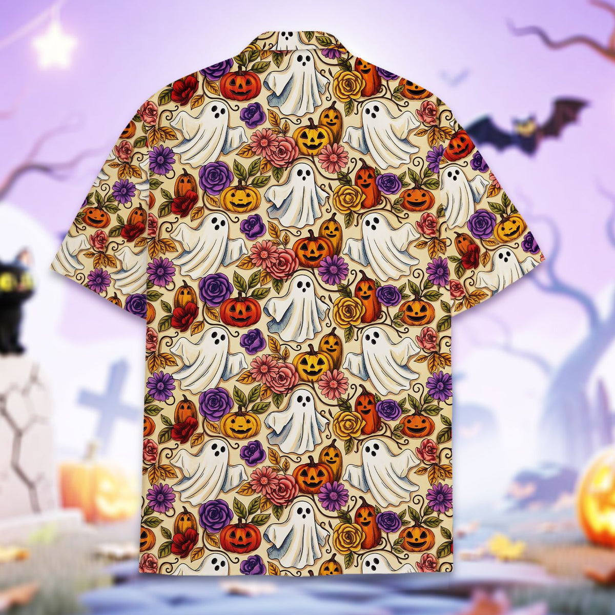 Detailed back view of the holiday Hawaiian shirt