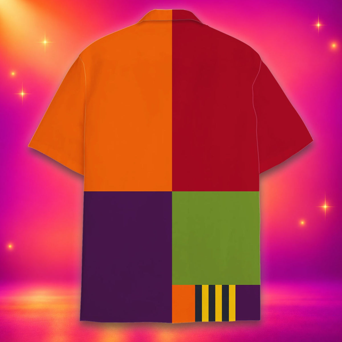 Second back view of the color-blocked hawaiian shirt