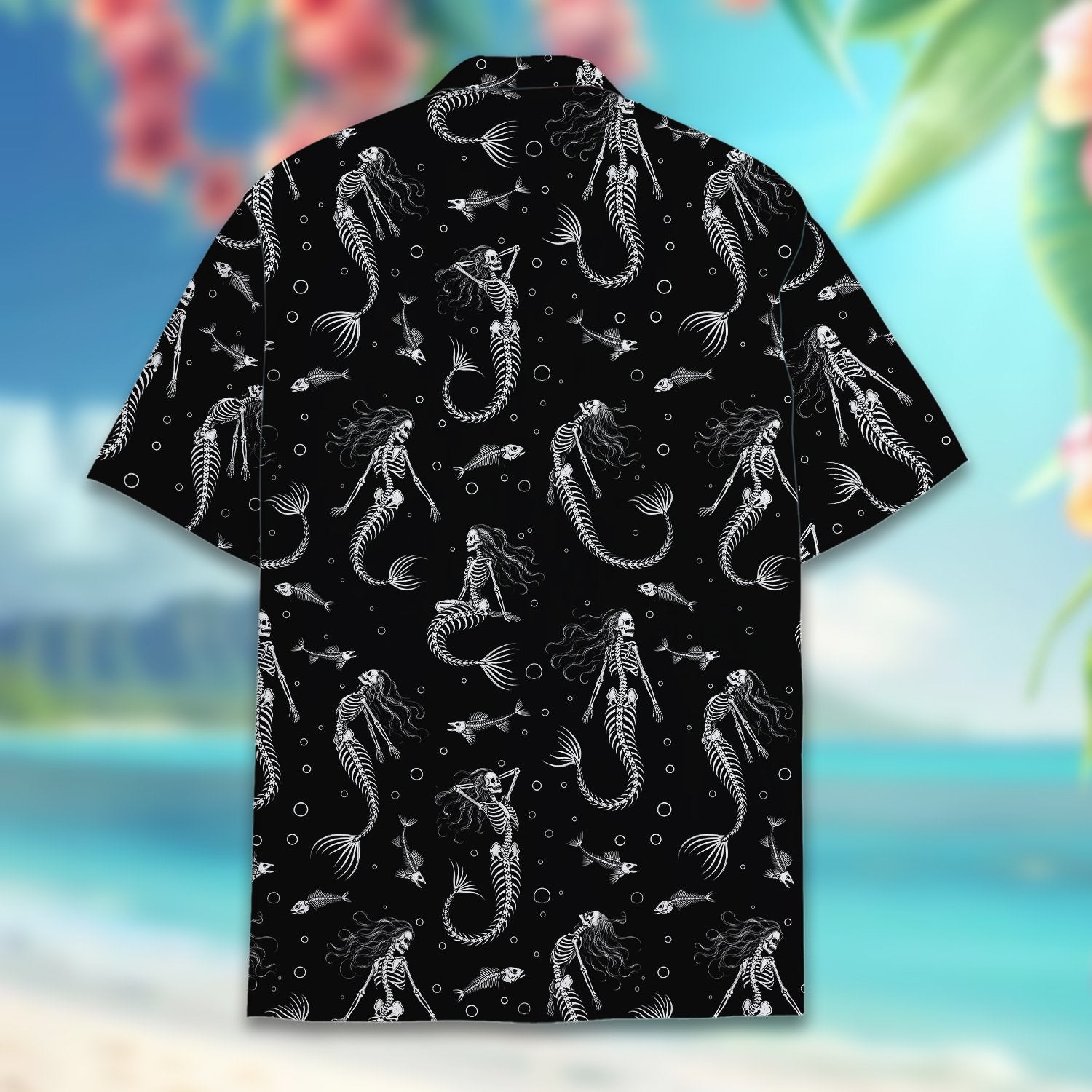 Alternate back view of the black and white matching family hawaiian shirt