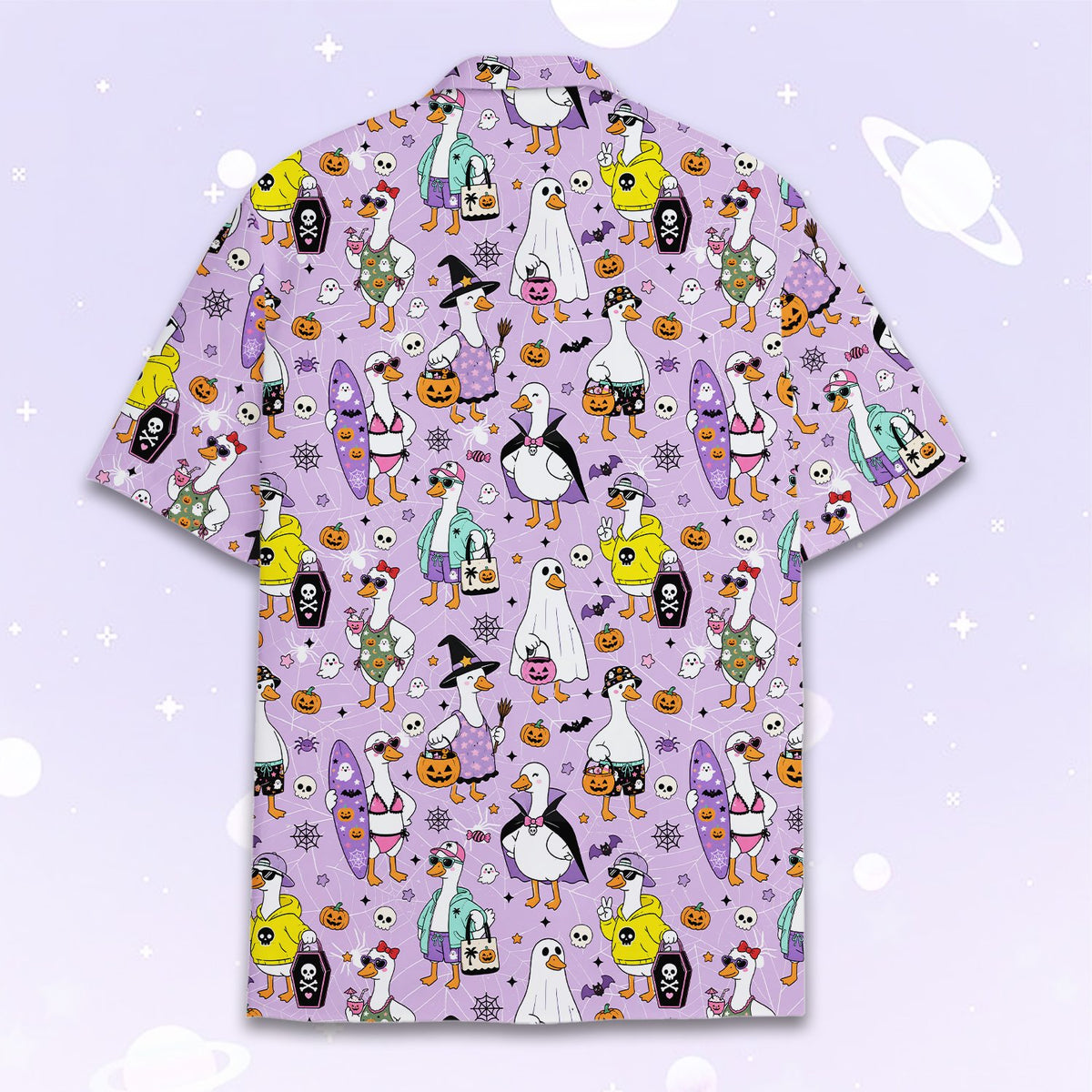 Back view showing the vibrant holiday design on the light purple shirt