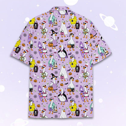 Back view showing the vibrant holiday design on the light purple shirt