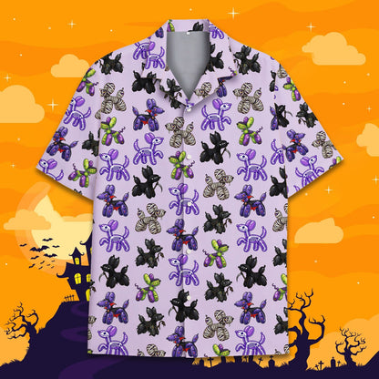 Matching family hawaiian shirts in purple with Halloween balloon dog pattern back view