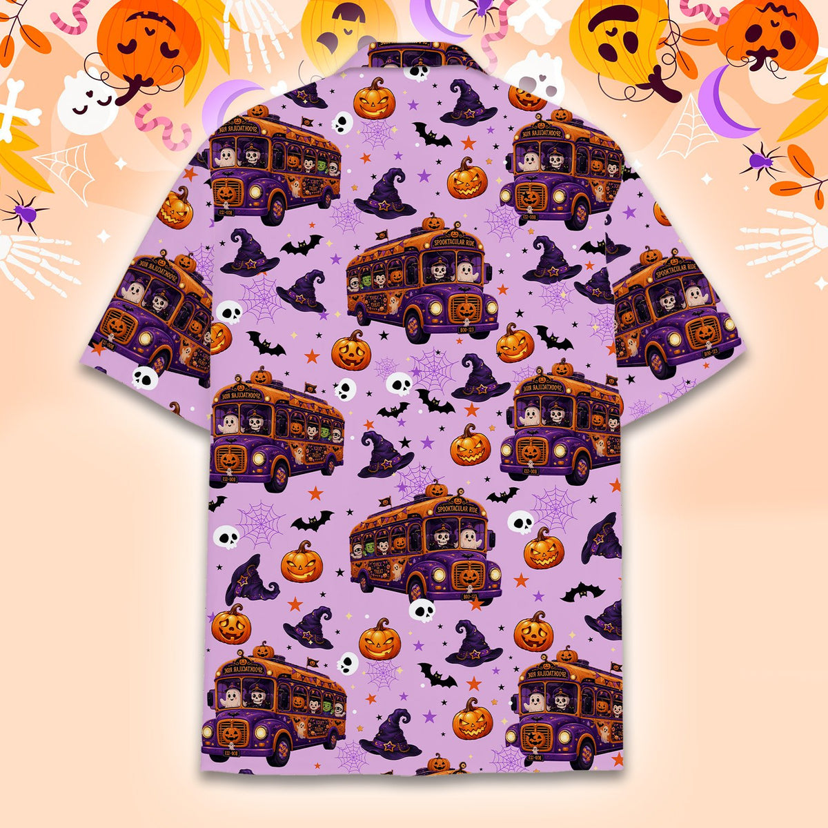 Detailed back view showing the haunted school bus print