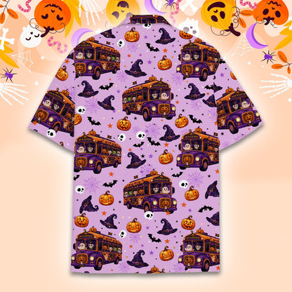Detailed back view showing the haunted school bus print