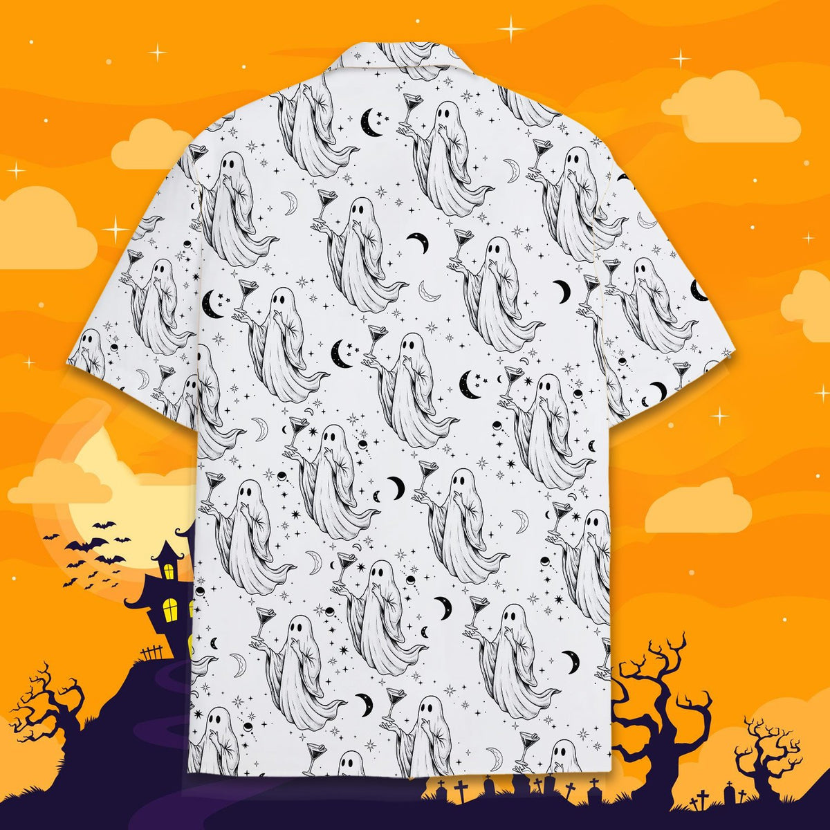 Second back view of the festive halloween ghost hawaiian shirt