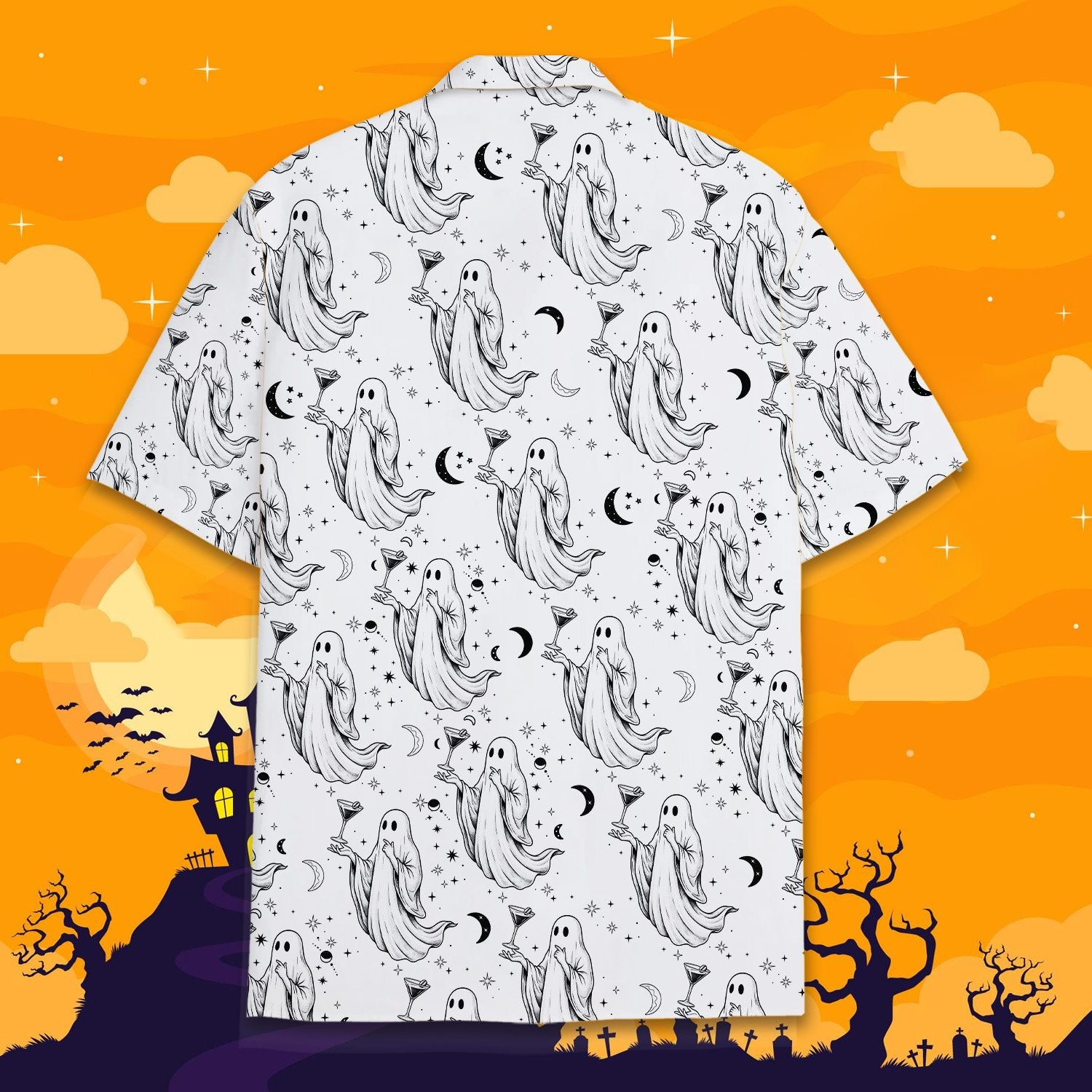Second back view of the festive halloween ghost hawaiian shirt