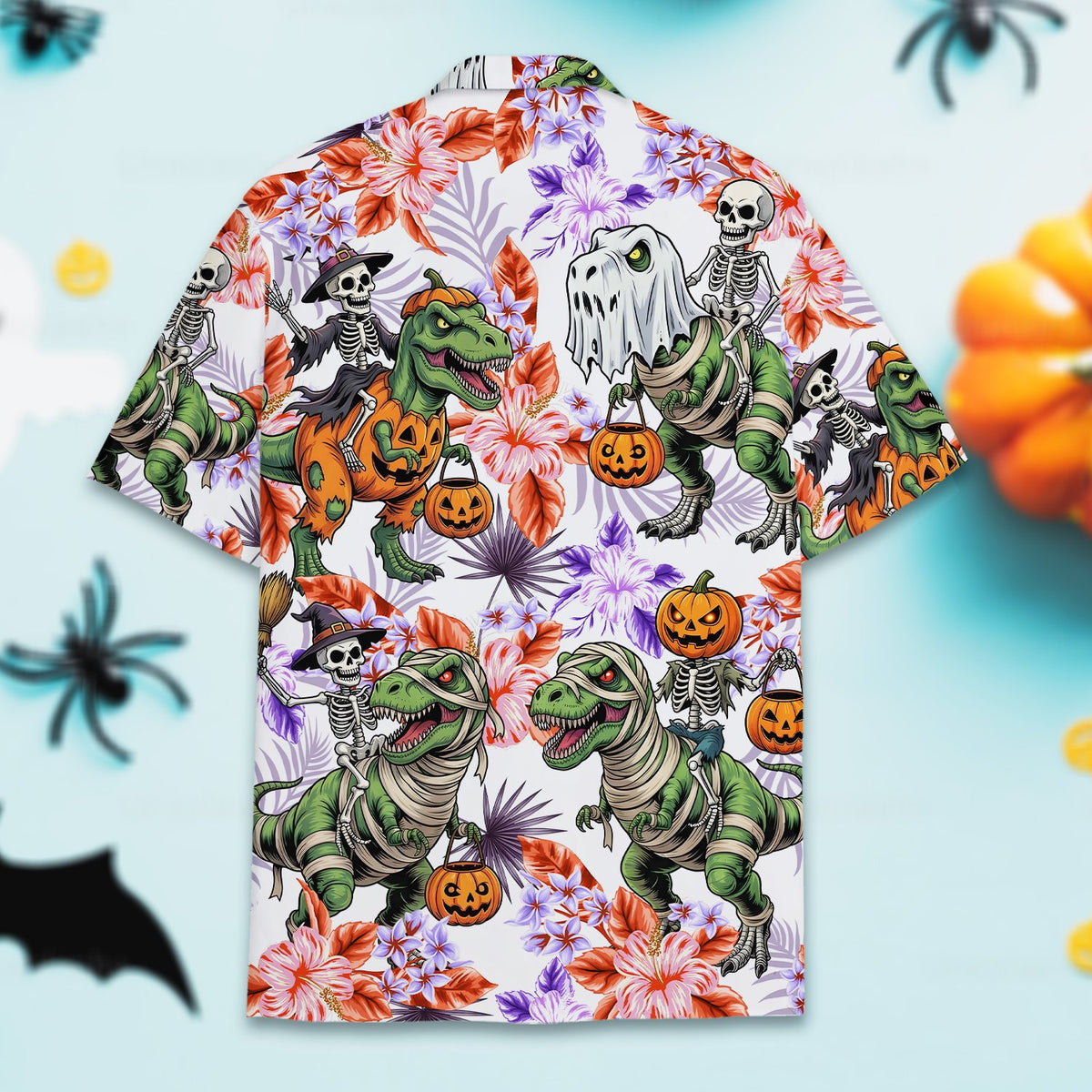 Detailed back view of the halloween hawaiian shirt with orange and purple flowers