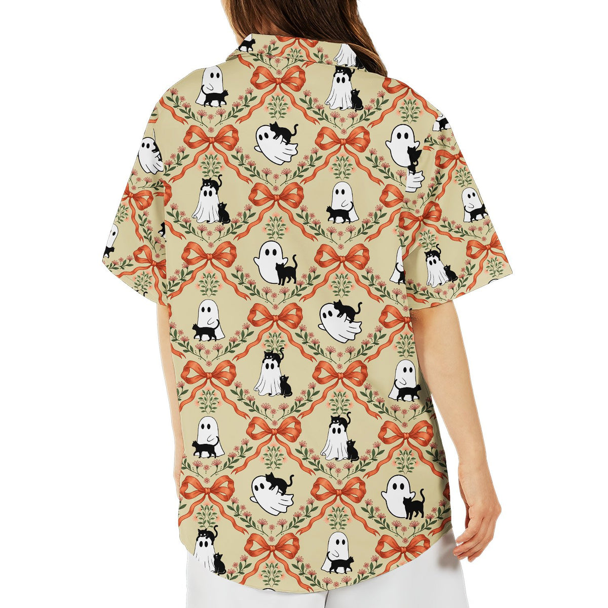 Halloween hawaiian shirt with ghosts and black cats on beige background, alternate back view