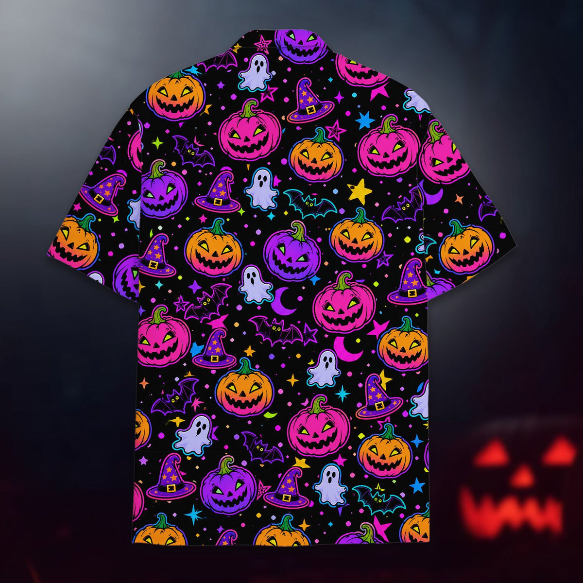 Close-up back view of the vibrant jack-o'-lantern and ghost pattern