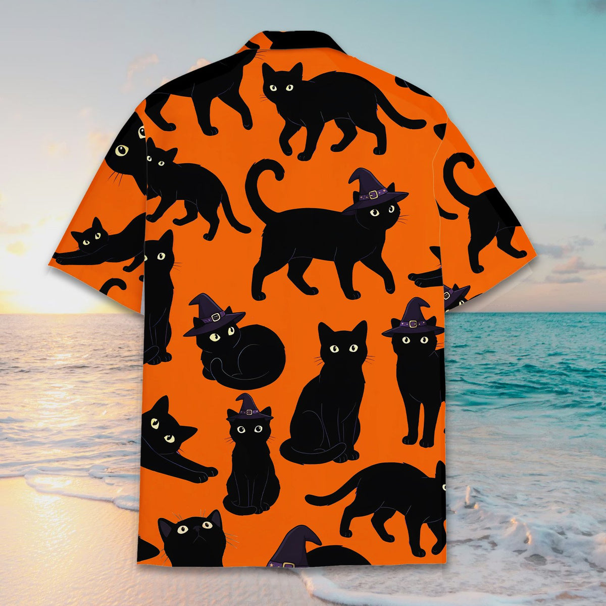 Third back view of the matching family halloween hawaiian shirt with black cats on an orange background