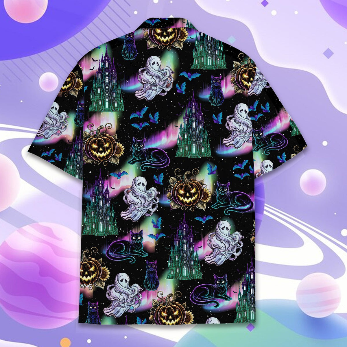 Back view of the matching family Hawaiian shirt showing neon details