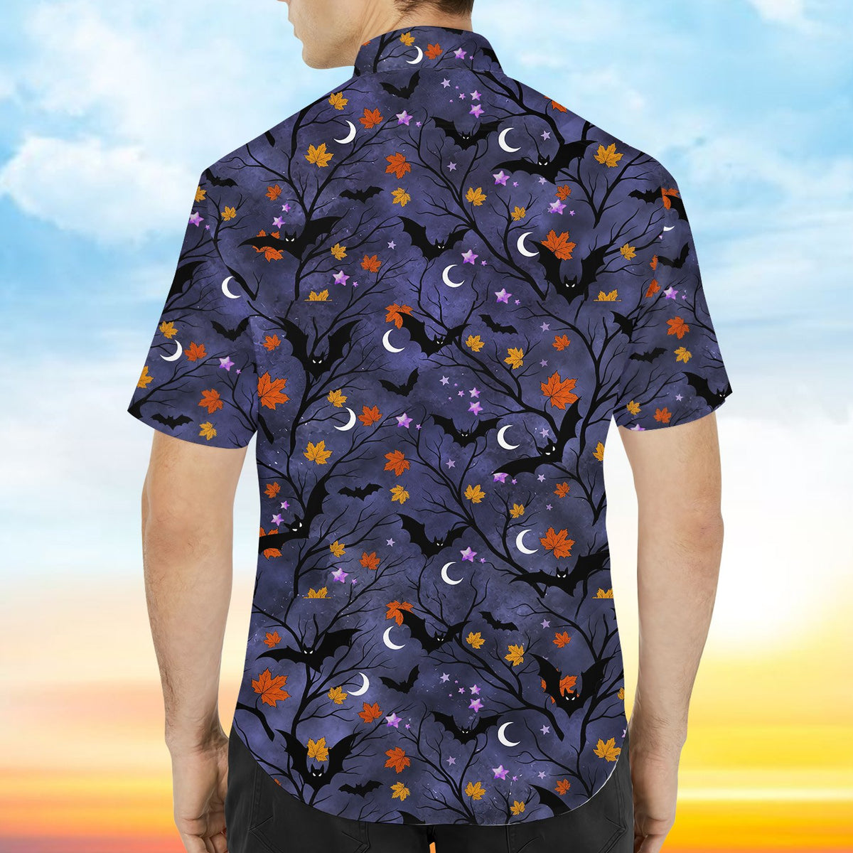 Matching family halloween hawaiian shirt featuring bats, moons, and bare trees on a purple background, back view zoomed
