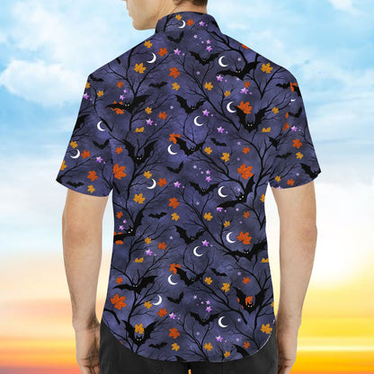 Matching family halloween hawaiian shirt featuring bats, moons, and bare trees on a purple background, back view zoomed