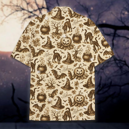 Close-up back view of the halloween pattern on the hawaiian shirt