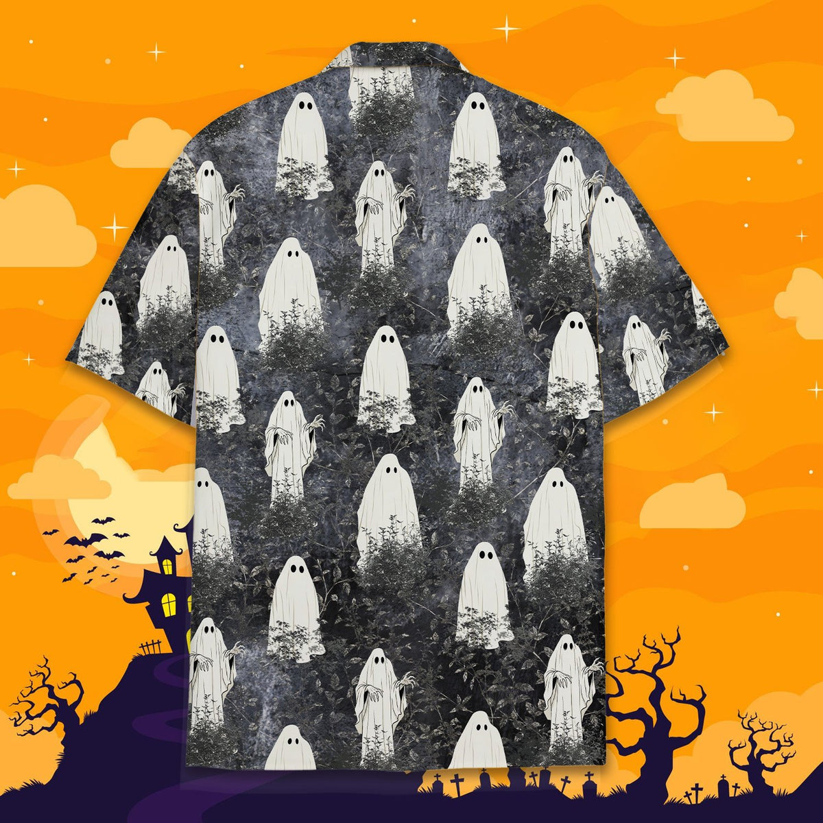 Detailed back view of the spooky ghost design on the holiday hawaiian shirt