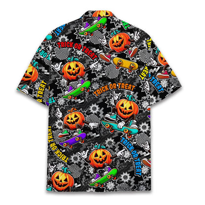 Close up back view of the jack-o-lantern skateboard graphics on the hawaiian shirt
