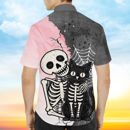 Close up back view of the skeleton and star design on the hawaiian shirt